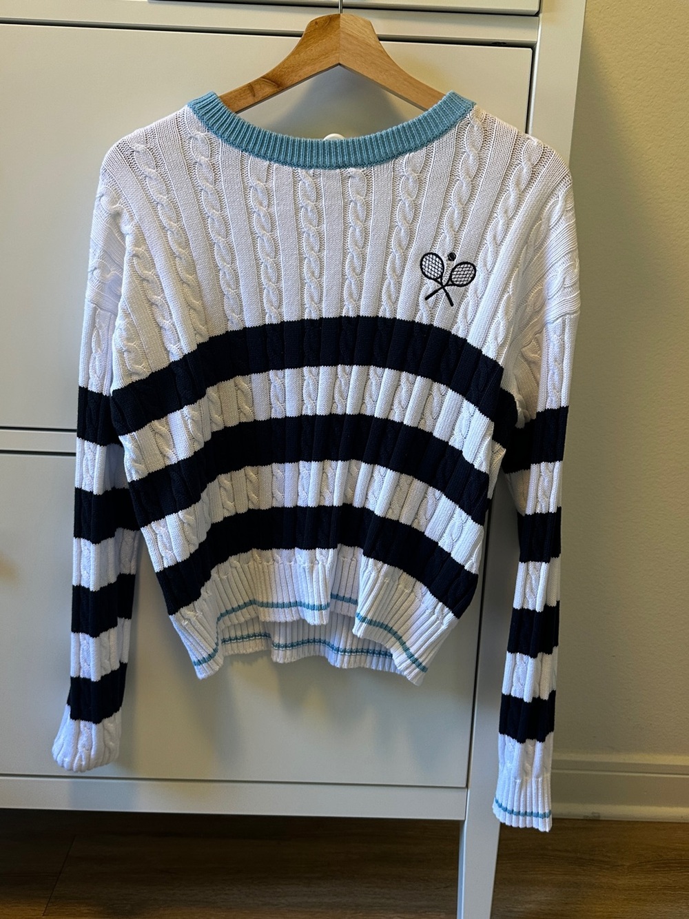 Striped Cable-Knit Sweater with Tennis Embroidery - White & Navy